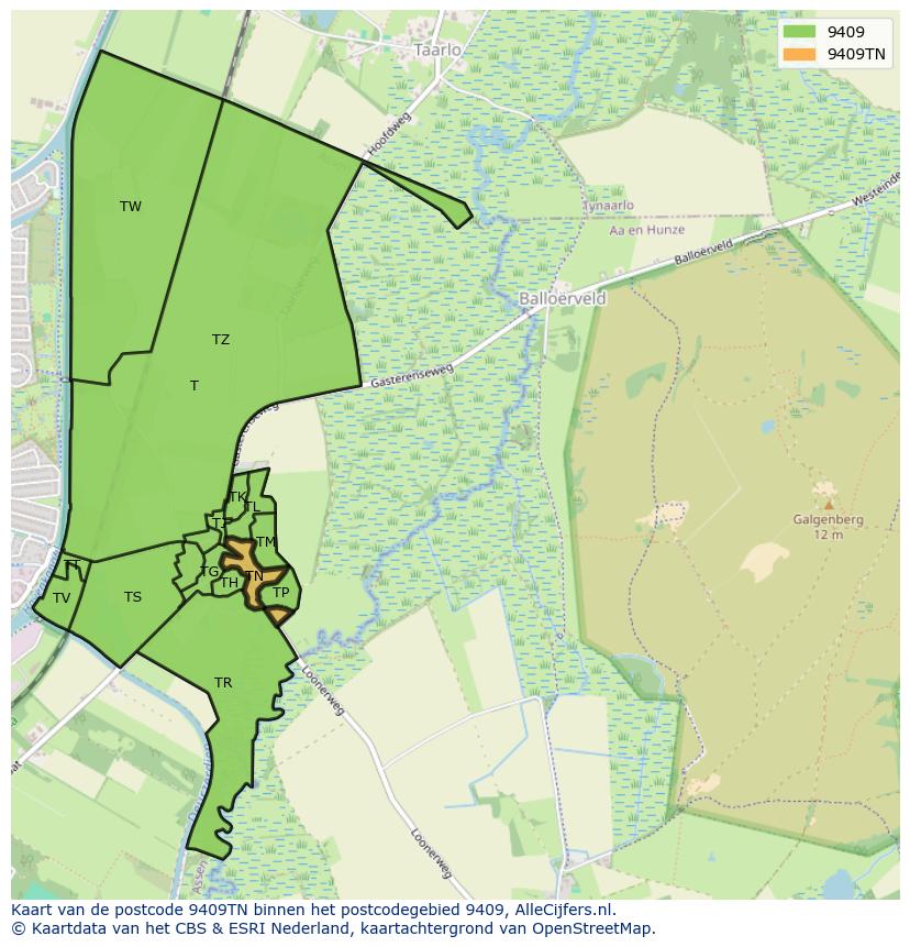Afbeelding van het postcodegebied 9409 TN op de kaart.