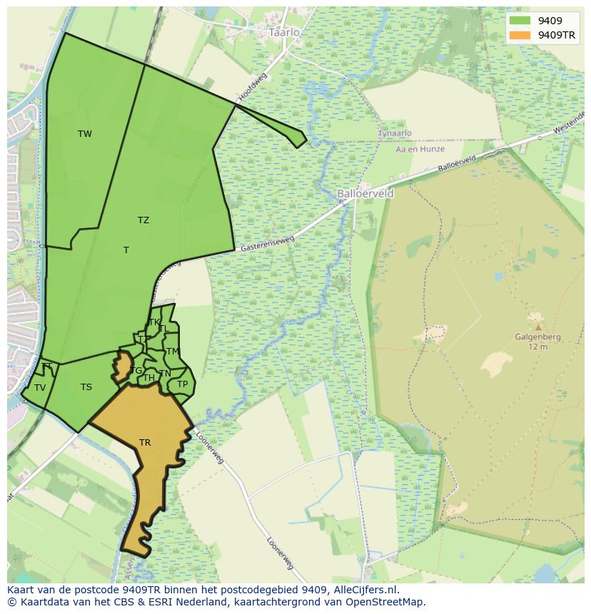 Afbeelding van het postcodegebied 9409 TR op de kaart.