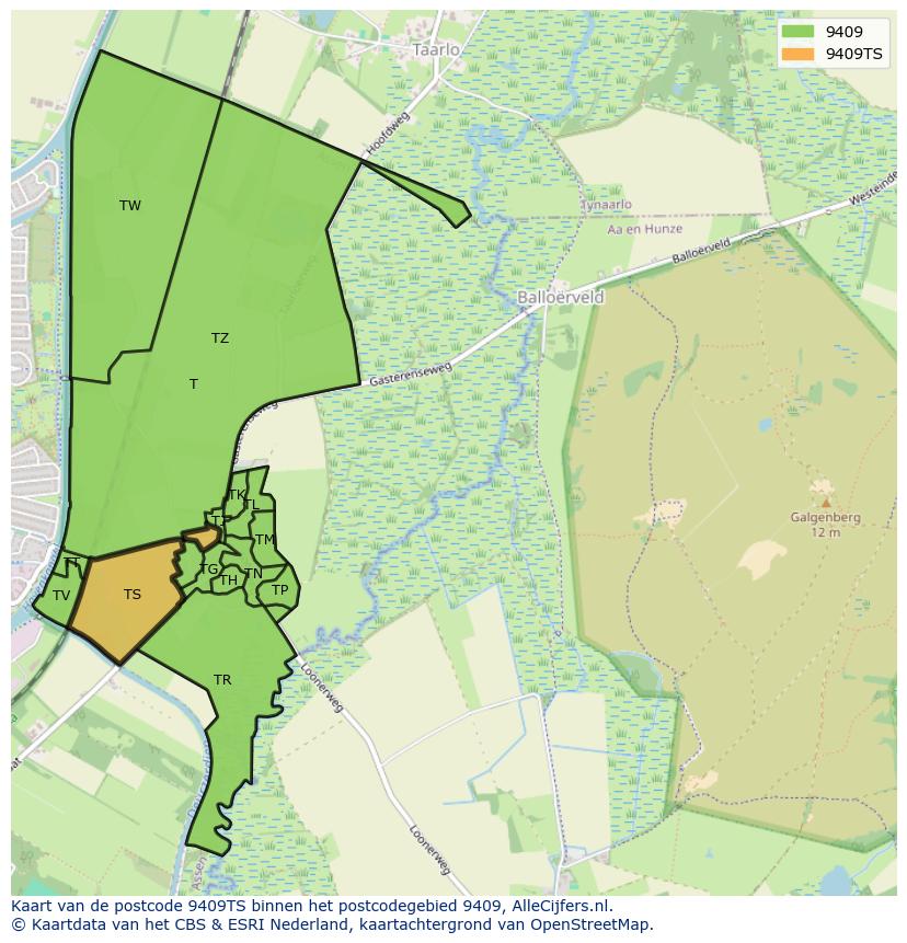 Afbeelding van het postcodegebied 9409 TS op de kaart.