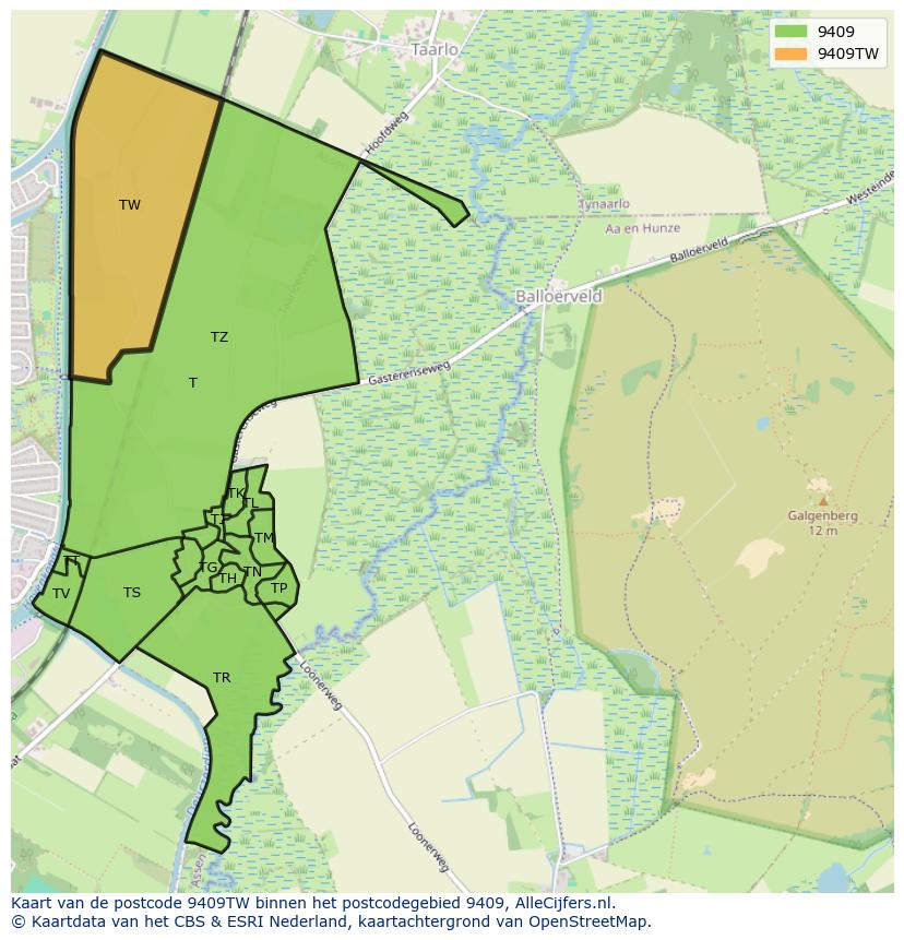 Afbeelding van het postcodegebied 9409 TW op de kaart.