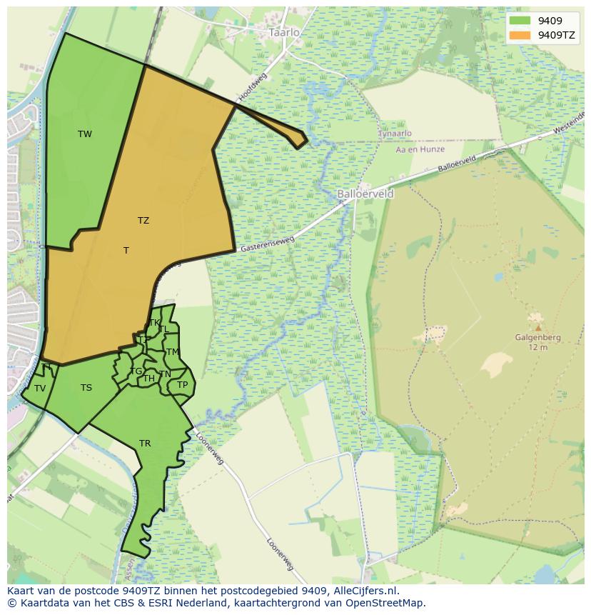 Afbeelding van het postcodegebied 9409 TZ op de kaart.