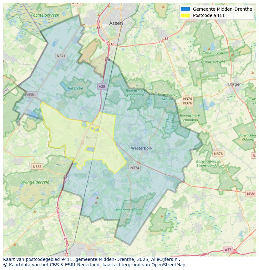 Afbeelding van het postcodegebied 9411 op de kaart.