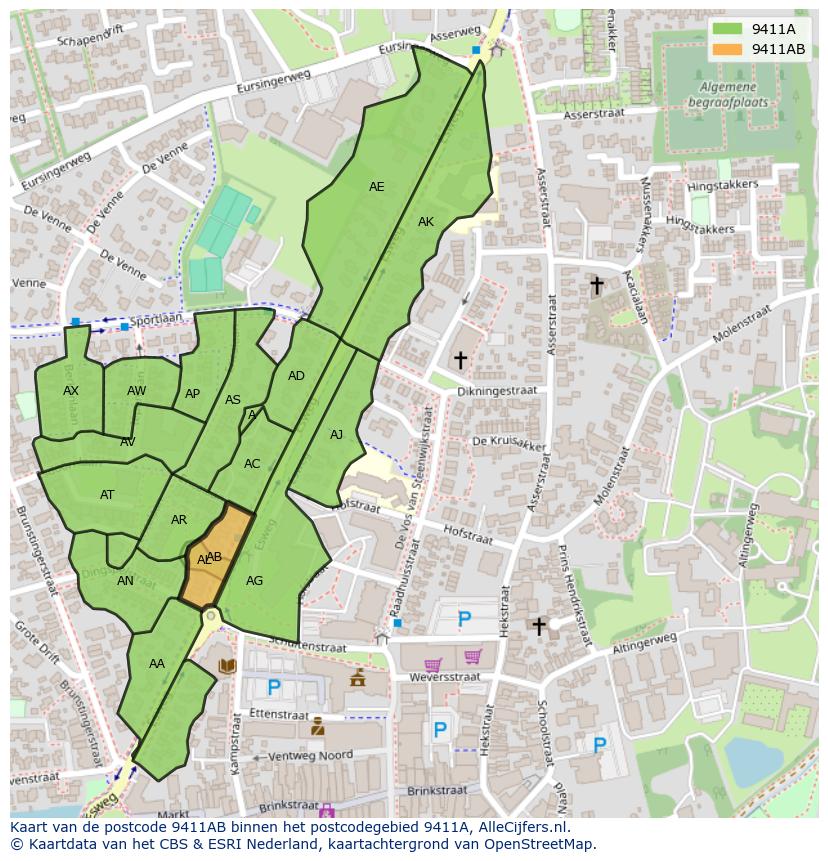 Afbeelding van het postcodegebied 9411 AB op de kaart.