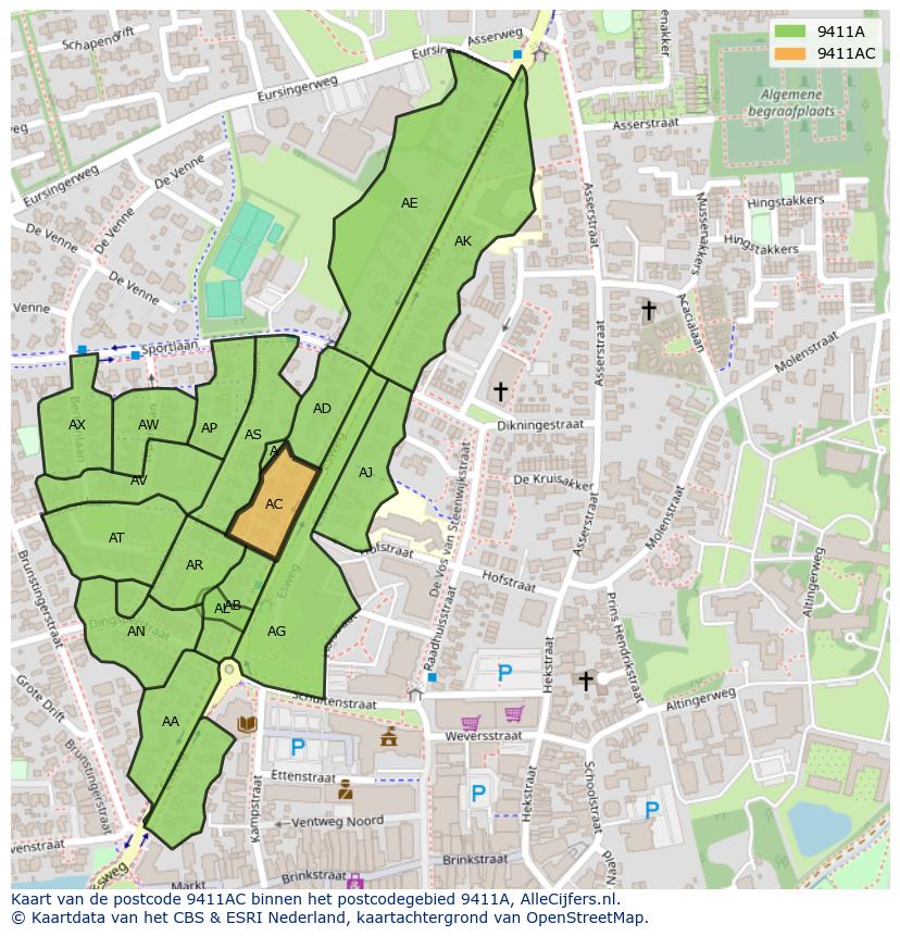 Afbeelding van het postcodegebied 9411 AC op de kaart.