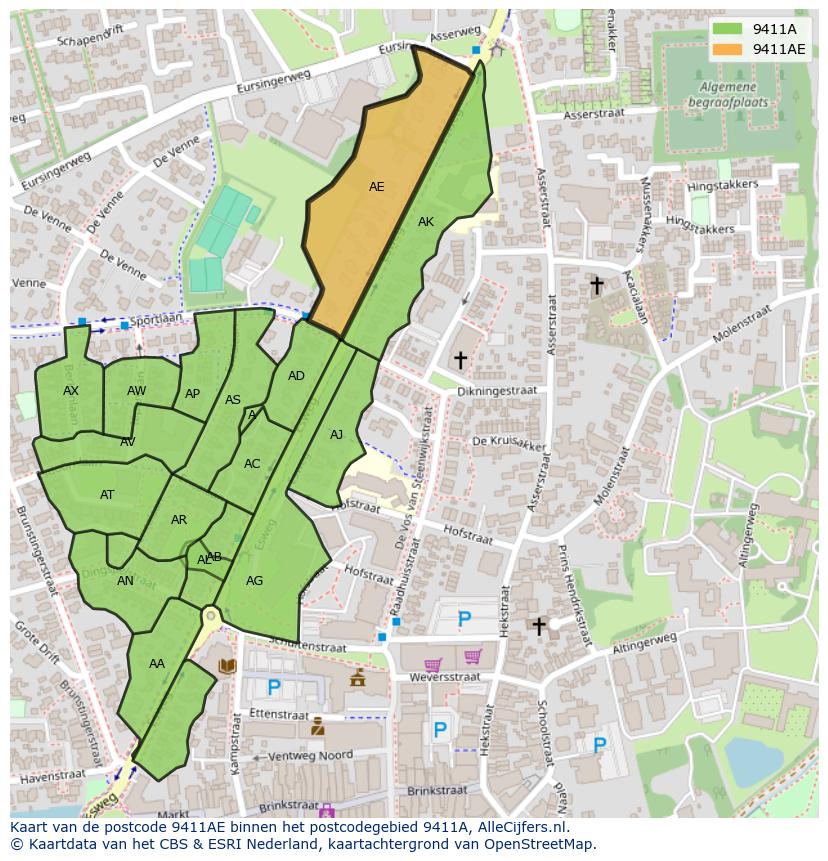 Afbeelding van het postcodegebied 9411 AE op de kaart.