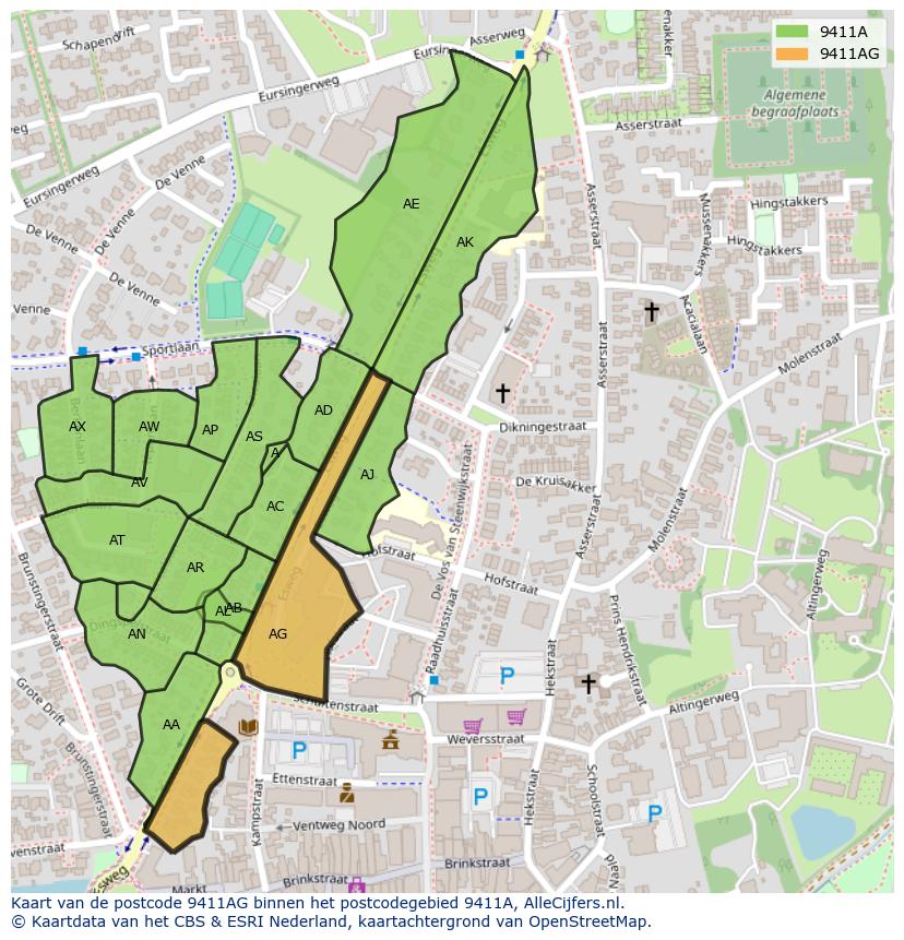 Afbeelding van het postcodegebied 9411 AG op de kaart.