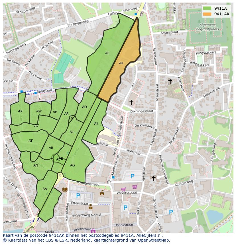 Afbeelding van het postcodegebied 9411 AK op de kaart.
