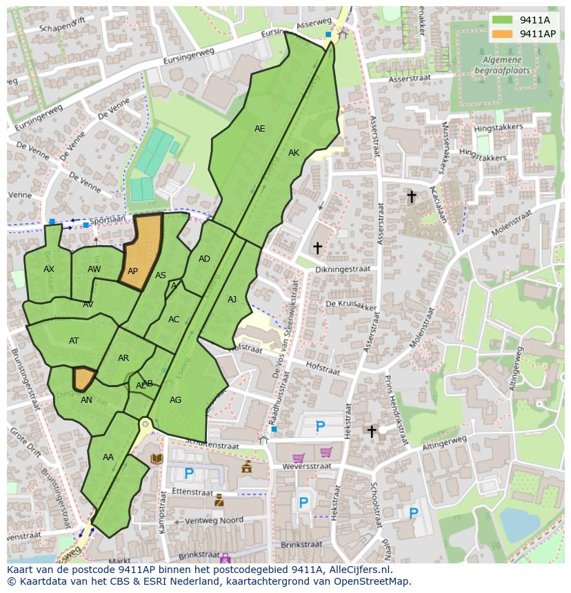 Afbeelding van het postcodegebied 9411 AP op de kaart.