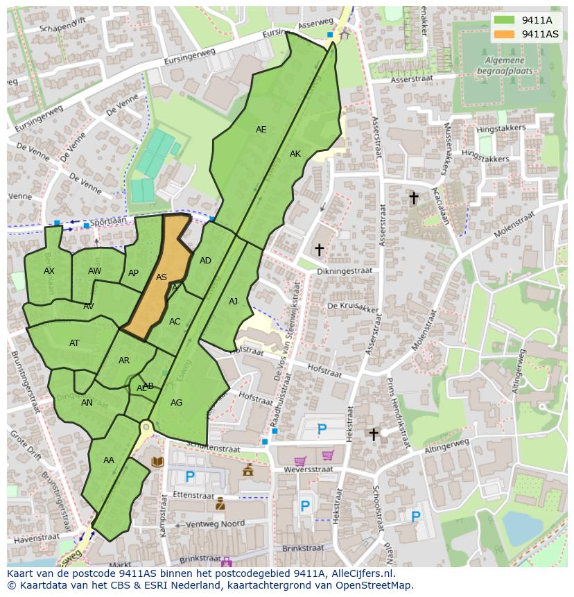 Afbeelding van het postcodegebied 9411 AS op de kaart.