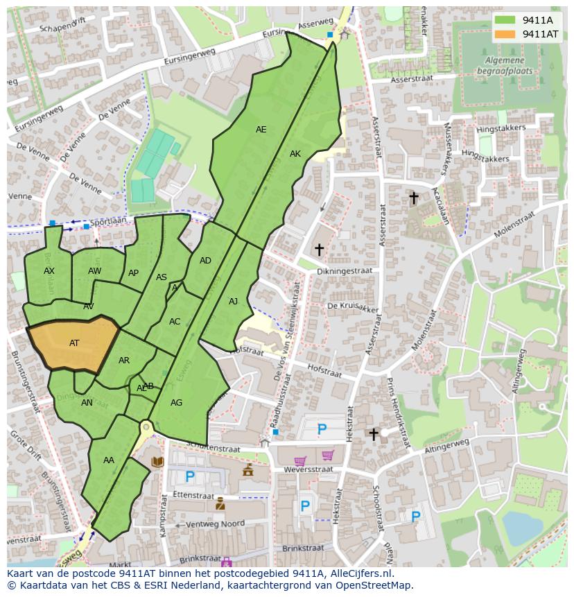 Afbeelding van het postcodegebied 9411 AT op de kaart.