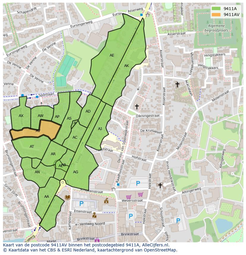 Afbeelding van het postcodegebied 9411 AV op de kaart.