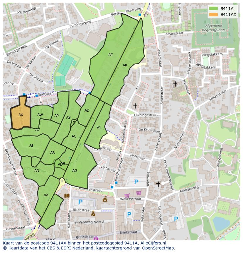Afbeelding van het postcodegebied 9411 AX op de kaart.