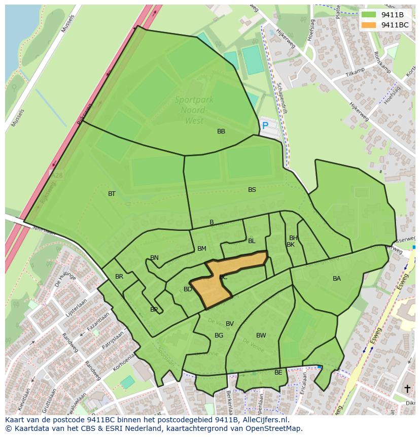 Afbeelding van het postcodegebied 9411 BC op de kaart.
