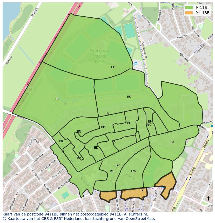 Afbeelding van het postcodegebied 9411 BE op de kaart.