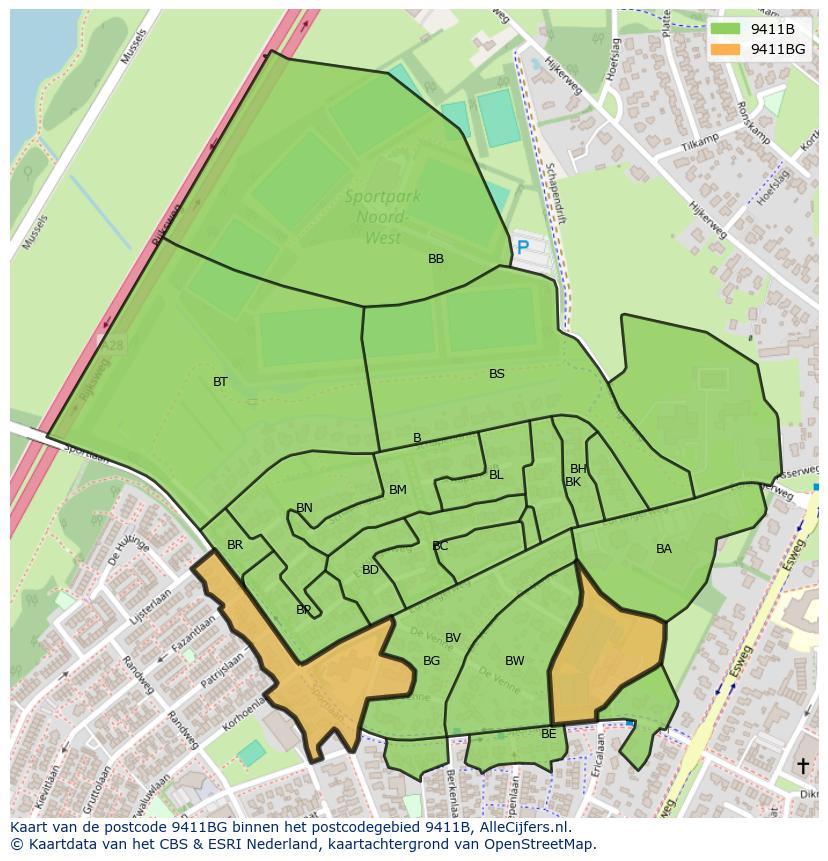 Afbeelding van het postcodegebied 9411 BG op de kaart.