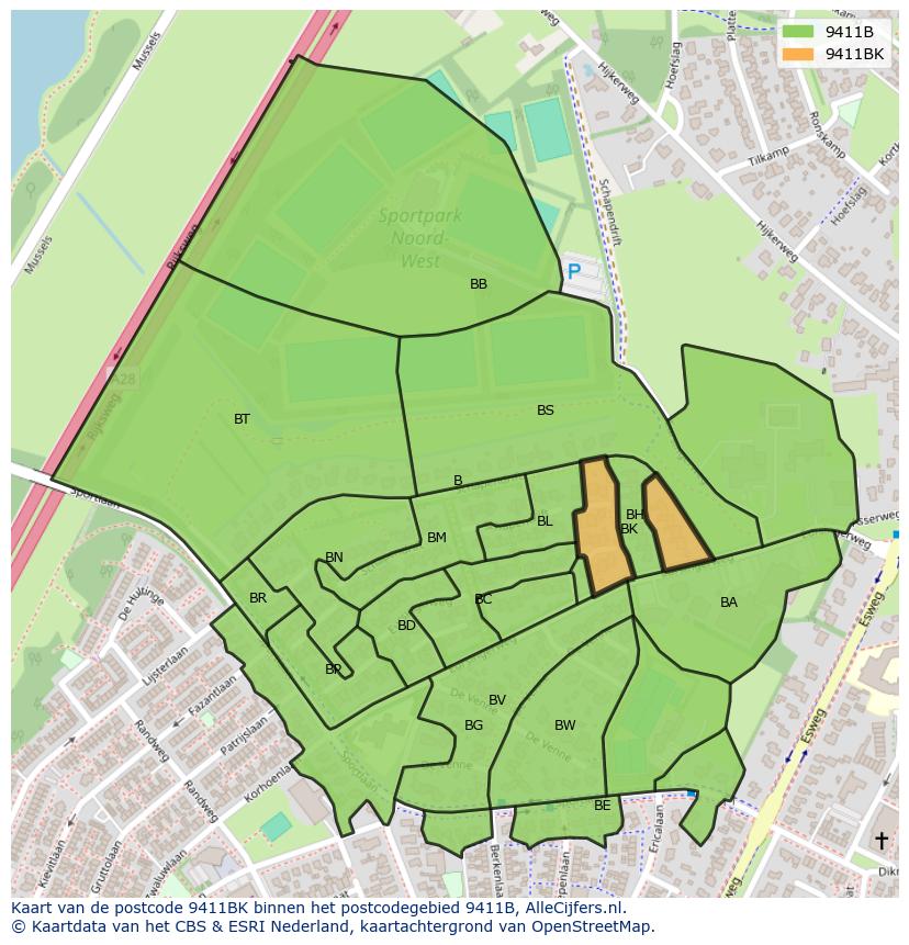Afbeelding van het postcodegebied 9411 BK op de kaart.