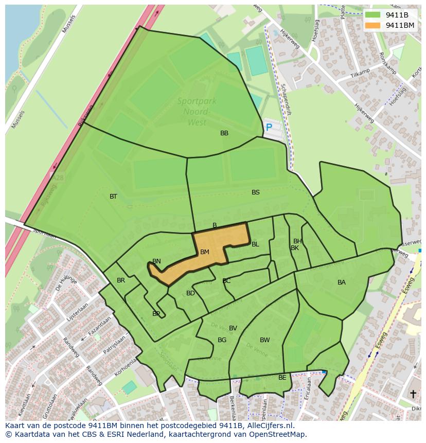 Afbeelding van het postcodegebied 9411 BM op de kaart.