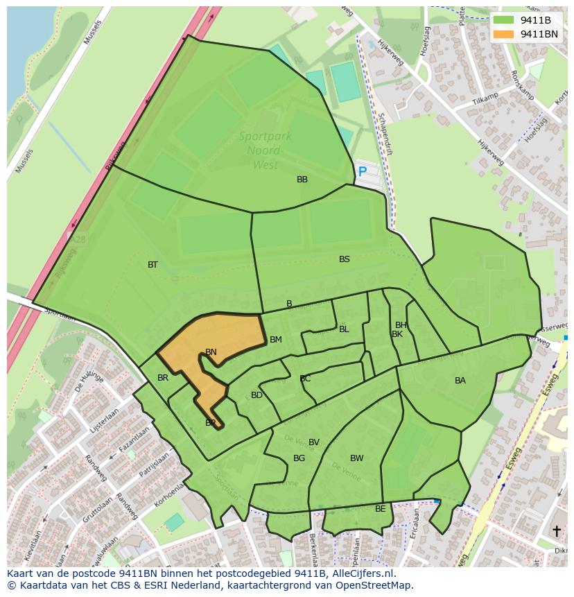 Afbeelding van het postcodegebied 9411 BN op de kaart.
