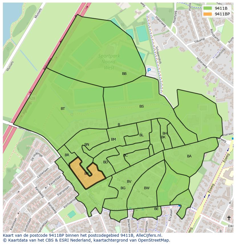 Afbeelding van het postcodegebied 9411 BP op de kaart.