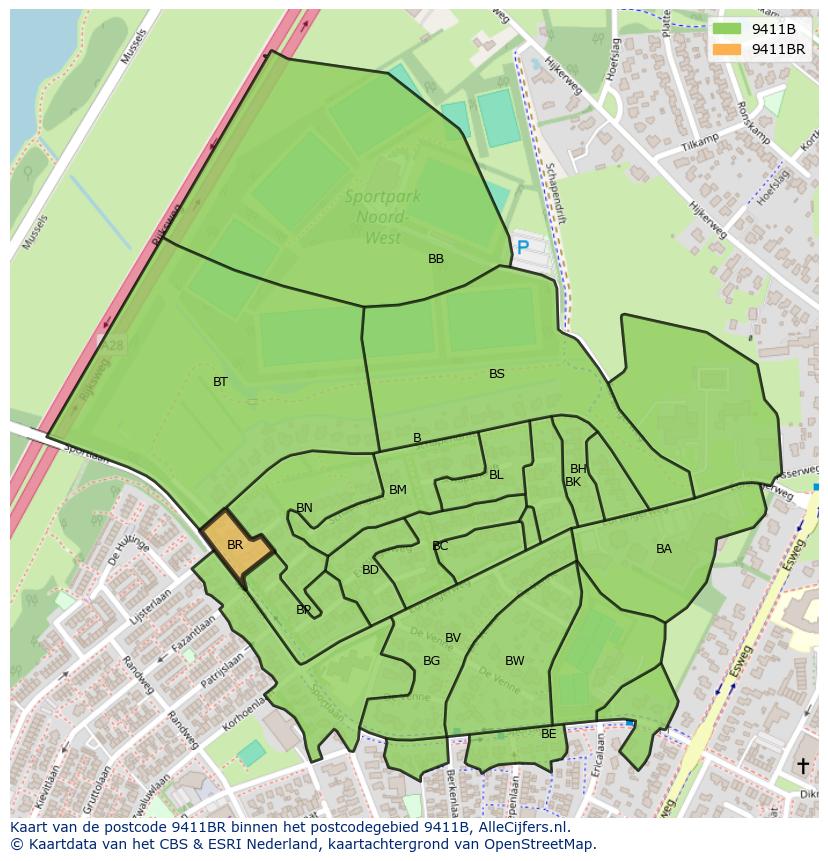 Afbeelding van het postcodegebied 9411 BR op de kaart.