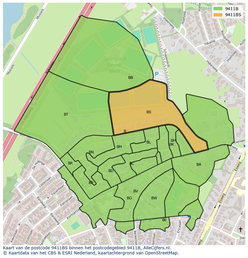 Afbeelding van het postcodegebied 9411 BS op de kaart.