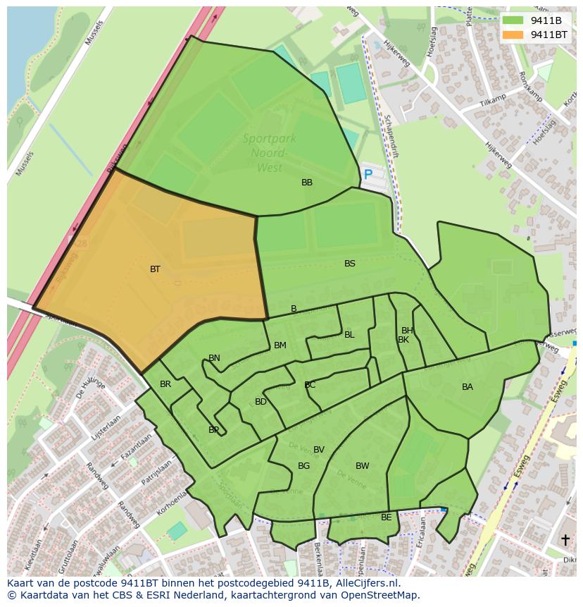 Afbeelding van het postcodegebied 9411 BT op de kaart.