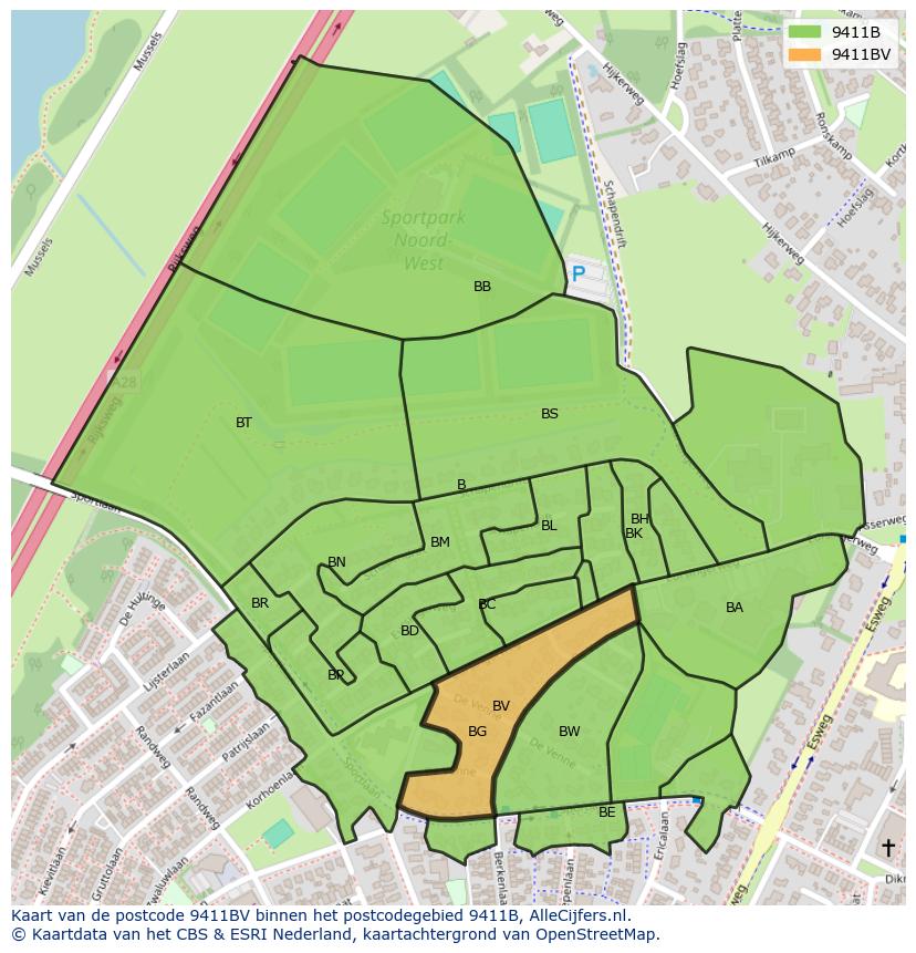 Afbeelding van het postcodegebied 9411 BV op de kaart.