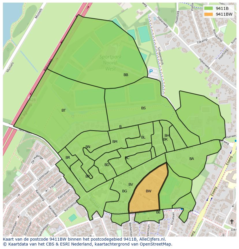 Afbeelding van het postcodegebied 9411 BW op de kaart.