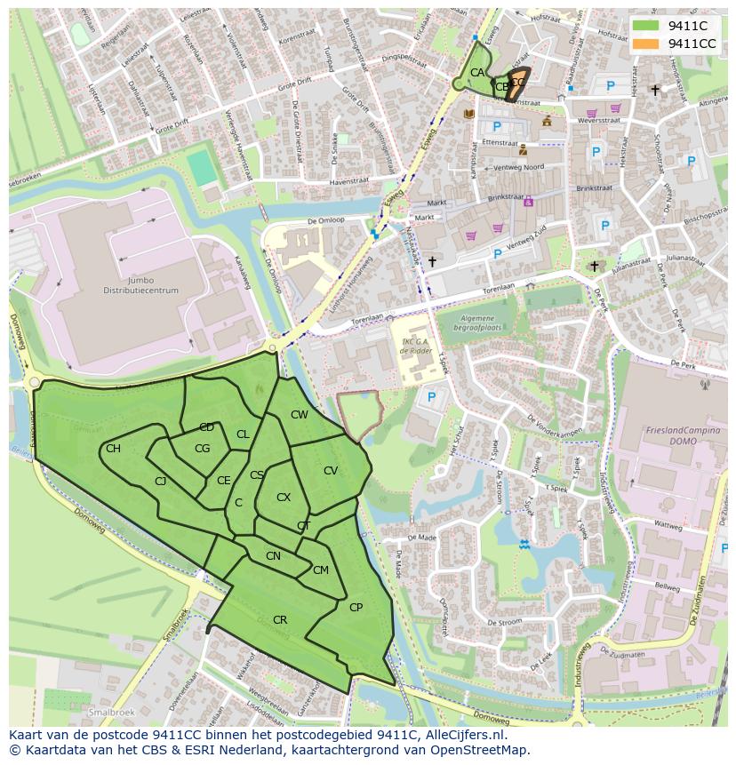 Afbeelding van het postcodegebied 9411 CC op de kaart.