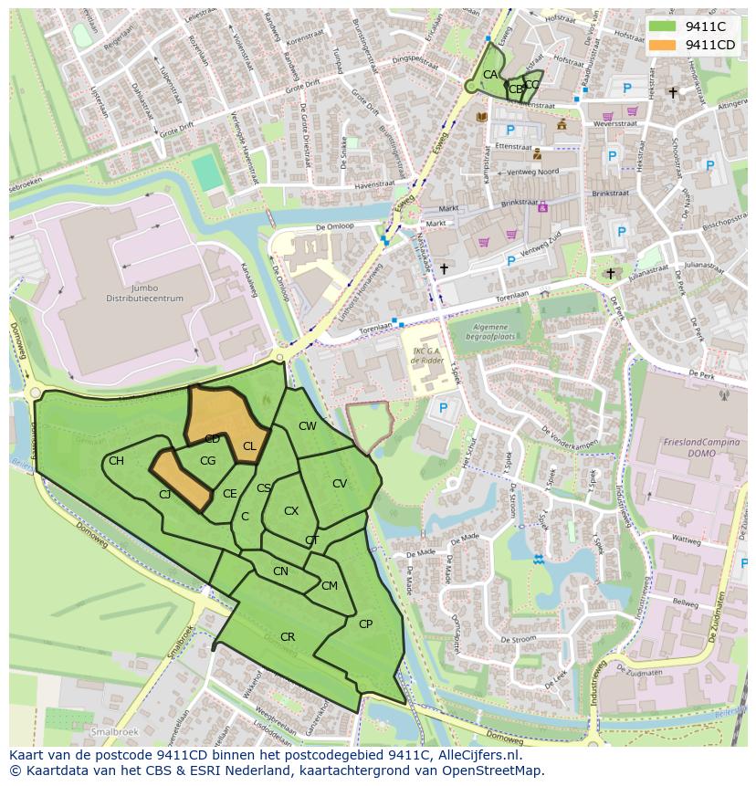 Afbeelding van het postcodegebied 9411 CD op de kaart.