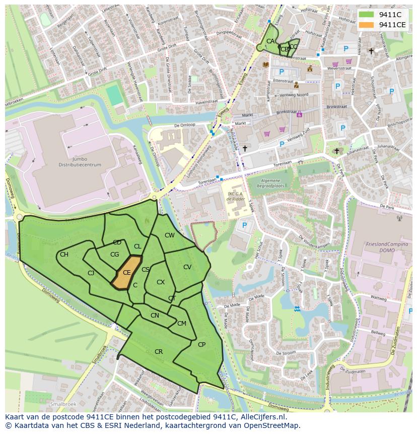 Afbeelding van het postcodegebied 9411 CE op de kaart.
