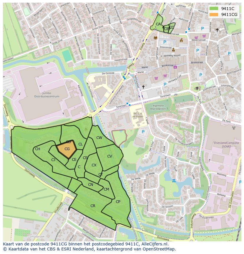 Afbeelding van het postcodegebied 9411 CG op de kaart.