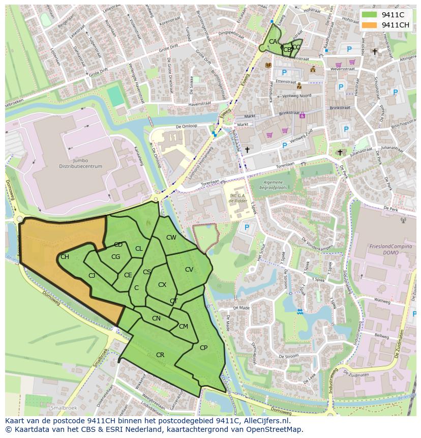 Afbeelding van het postcodegebied 9411 CH op de kaart.
