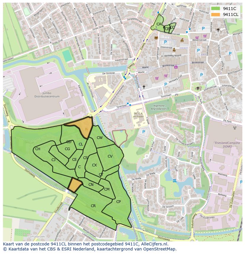Afbeelding van het postcodegebied 9411 CL op de kaart.
