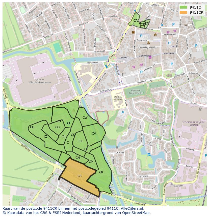 Afbeelding van het postcodegebied 9411 CR op de kaart.