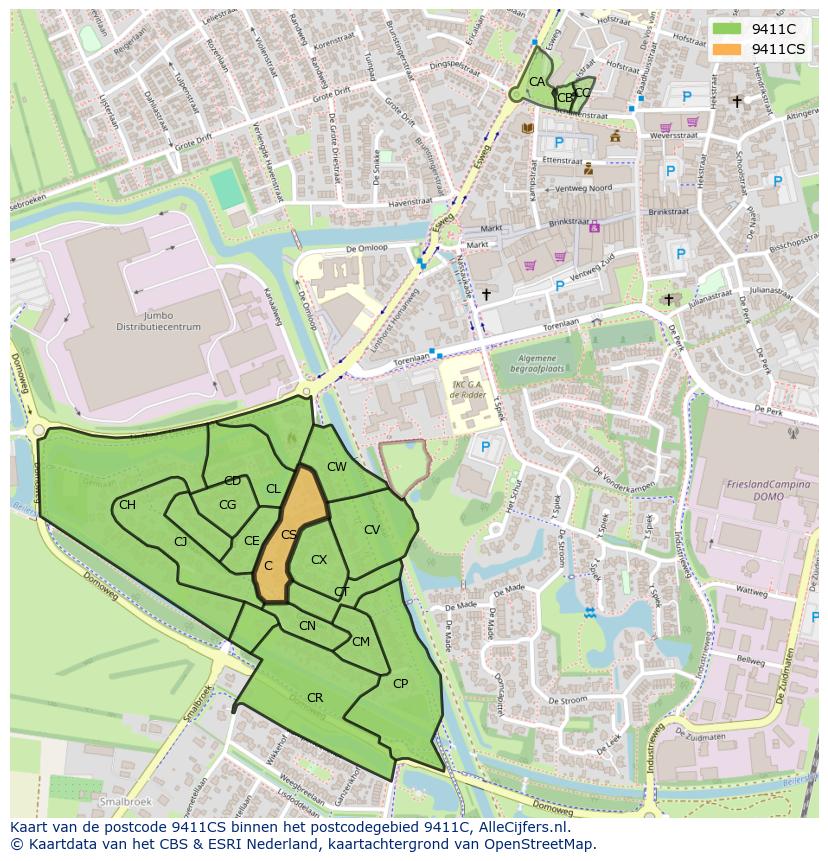 Afbeelding van het postcodegebied 9411 CS op de kaart.