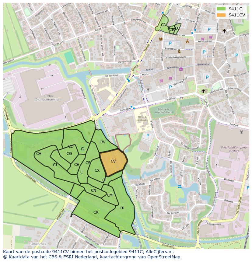 Afbeelding van het postcodegebied 9411 CV op de kaart.