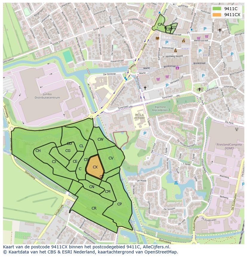 Afbeelding van het postcodegebied 9411 CX op de kaart.