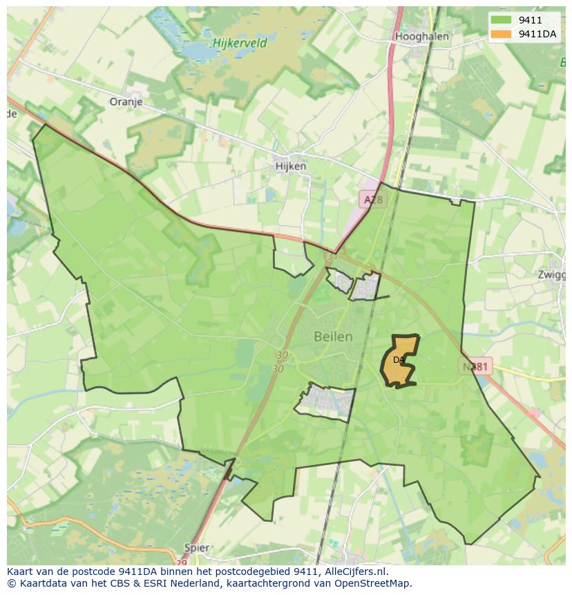Afbeelding van het postcodegebied 9411 DA op de kaart.