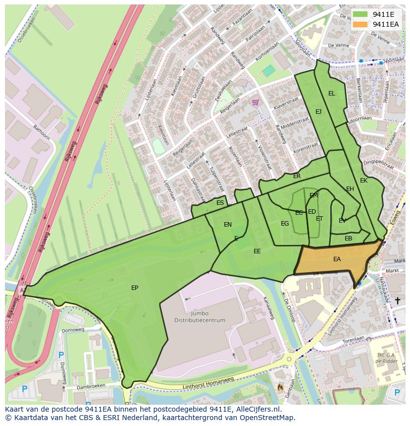 Afbeelding van het postcodegebied 9411 EA op de kaart.