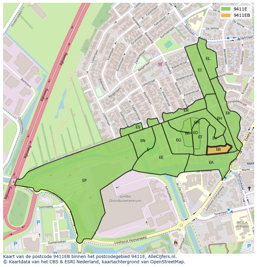 Afbeelding van het postcodegebied 9411 EB op de kaart.