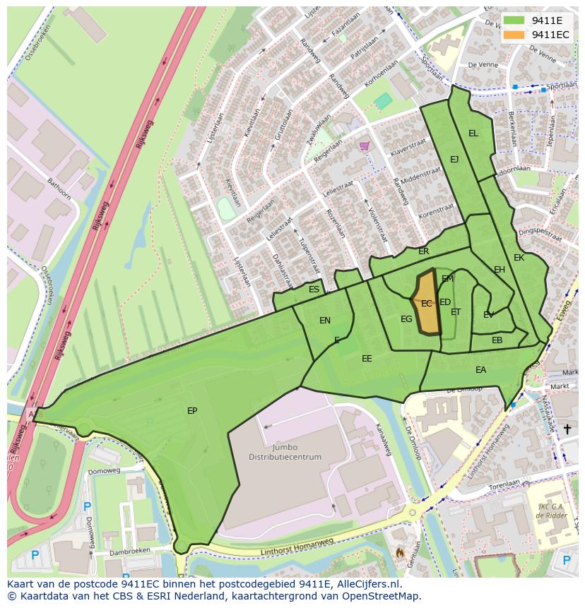 Afbeelding van het postcodegebied 9411 EC op de kaart.