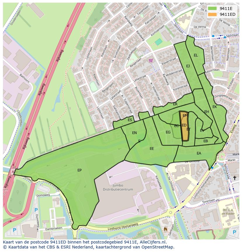 Afbeelding van het postcodegebied 9411 ED op de kaart.
