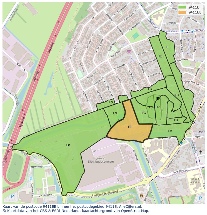 Afbeelding van het postcodegebied 9411 EE op de kaart.