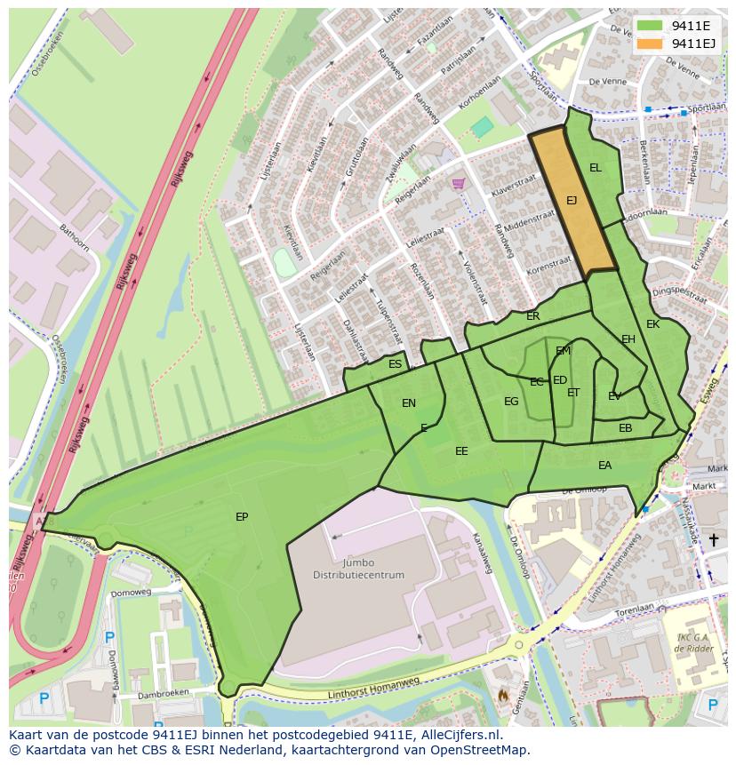 Afbeelding van het postcodegebied 9411 EJ op de kaart.