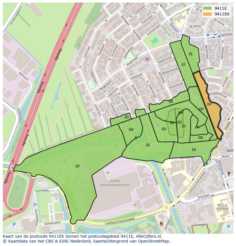 Afbeelding van het postcodegebied 9411 EK op de kaart.