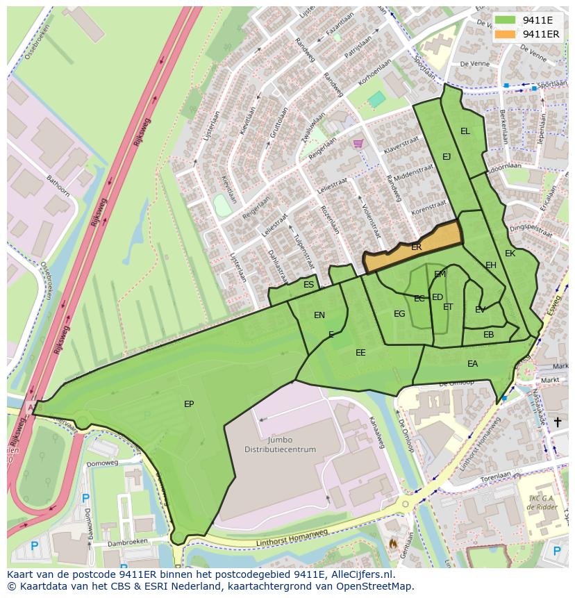 Afbeelding van het postcodegebied 9411 ER op de kaart.