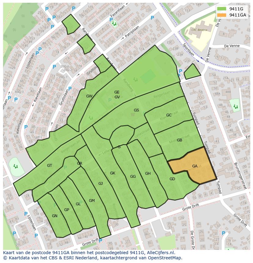 Afbeelding van het postcodegebied 9411 GA op de kaart.