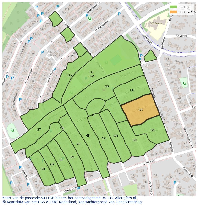 Afbeelding van het postcodegebied 9411 GB op de kaart.