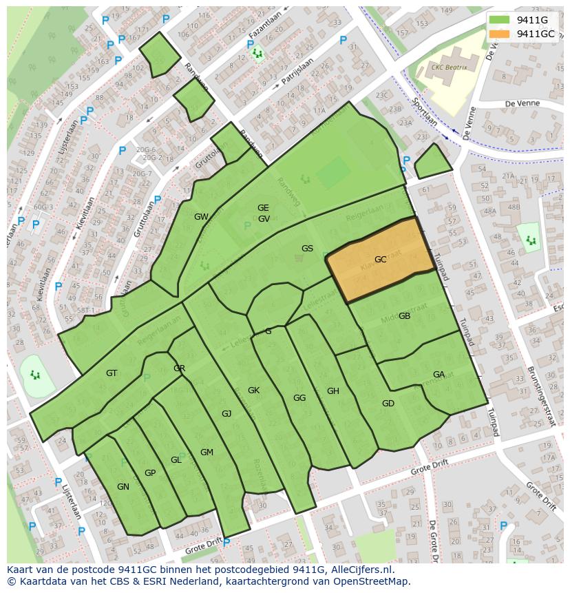 Afbeelding van het postcodegebied 9411 GC op de kaart.